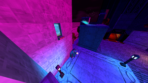 Part of a city block in Lust. There is a window into a bedroom containing a Soul Orb on the left, with a Cerberus statue below.