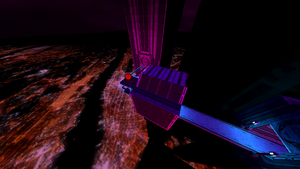 A narrow glass corridor above a cityscape, leading into a large tower building. On top of the corridor's roof rests a Blood Orb.