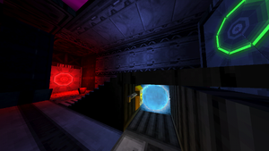 A small corridor with a stairway. At the foot of the stairs lies a red pedestal, and to the right under the stairs is a power box and a Soul Orb.