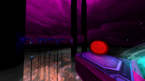 A side view of a small platform with a Bounce Pad and a Blood Orb, overlooking a large bridge and two towers in the distance.