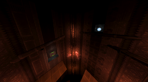 A tall room with a bottomless pit that has a glass walkway. On the right wall of the room is a Soul Orb.