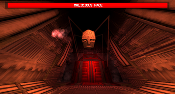 A room with a closed red exit elevator in the middle of the back wall. In the center of the room is what appears to be a floating rock statue of a face known as a Malicious Face. Above is a red boss health bar that reads "MALICIOUS FACE".