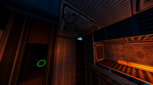 An open view of the top left corner of a large room filled with grinders and crushers. On the left is a door, on the right is a small walkway, and directly ahead is a small nook with a Soul Orb.
