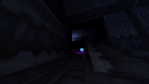 A dimly lit corridor with an open wall beside a slope. The wall reveals an outside area with a platform holding a Soul Orb.