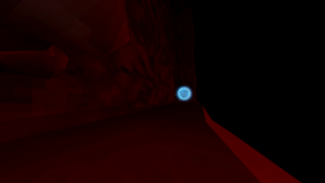 A Soul Orb in a tight fleshy corridor with a flowing stream of blood across the ground.