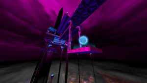 A view from below of a Bounce Pad platform underneath a large bridge, with a Soul Orb resting on top of it.